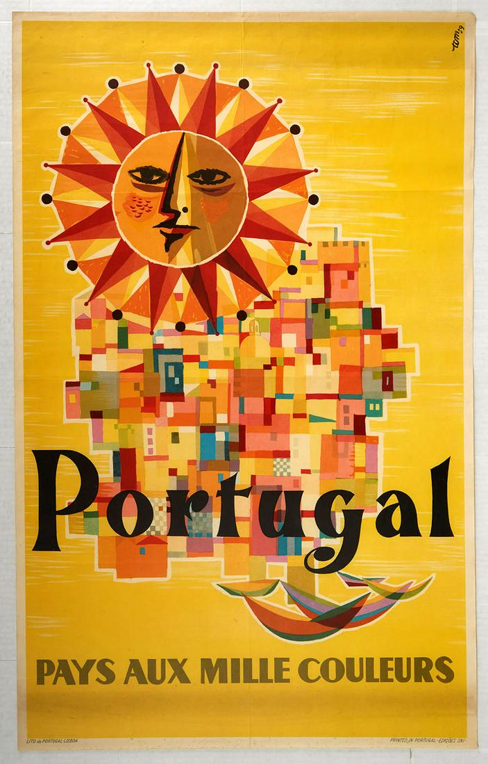 Travel Poster Portugal Sun Holidays Lisbon: Origina vintage travel advertising poster for Portugal, with the French slogan 'Pays aux mille couleurs', which translates as 'Country of a thousand colours'. The poster was printed in Lisbon and feat