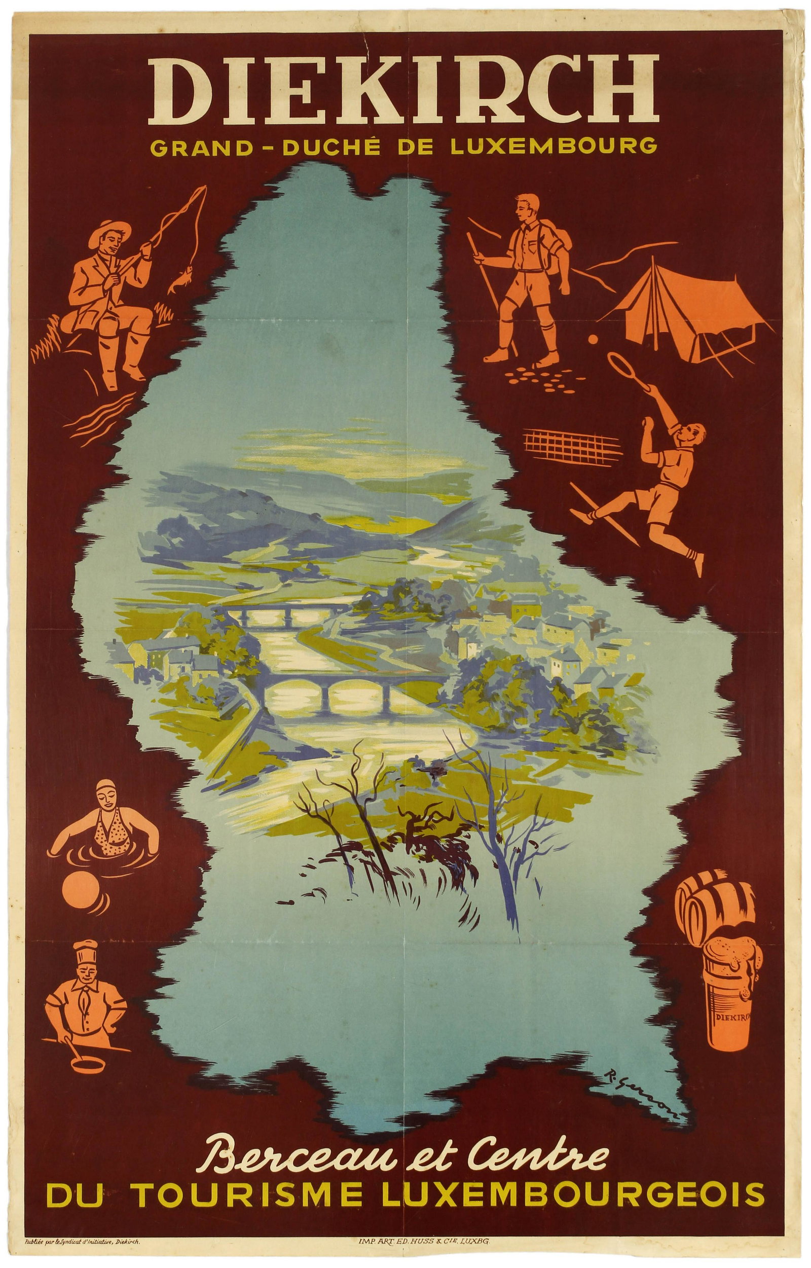 Travel Poster Diekirch Luxembourg: Original vintage travel advertising poster for the district of Diekirch, part of the Grand-Duchy of Luxembourg, described here as the cradle and centre of the Tourism of Luxembourg (Diekirch - Berceau