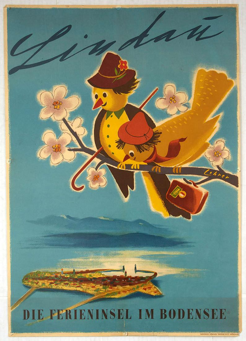 Travel Poster Lindau Holiday Island Lake Constance: Original vintage travel advertising poster for Lindau island in Bavaria, Germany. Lindau is a major town and island on the eastern side of Lake Constance (Bodensee in German). It is the capital of the
