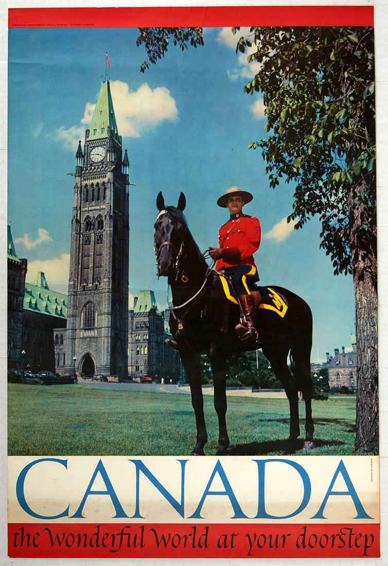 Travel Poster Canada Wonderful World Royal Canadian: Original vintage travel advertising poster for Canada, and issued by the Canadian Government's Travel Bureau, Ottowa. The photograph features a Royal Canadian Mounted policeman (RCMP) wearing his red
