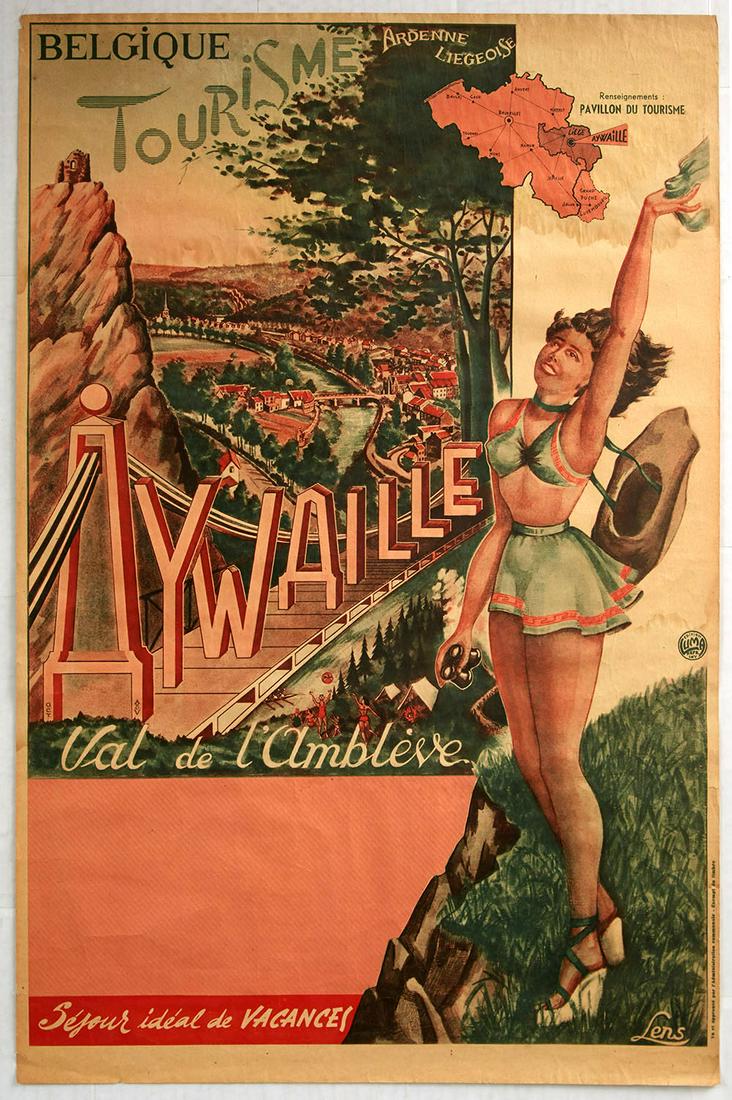 Travel Poster Belgium Aywaille Walloon: Original vintage travel advertising poster for Aywaille, a Belgian municipality located in the Walloon province of LiÃ¨ge. Featured here is the Valley of Ambleve - the Ambleve is a 93 km long river 