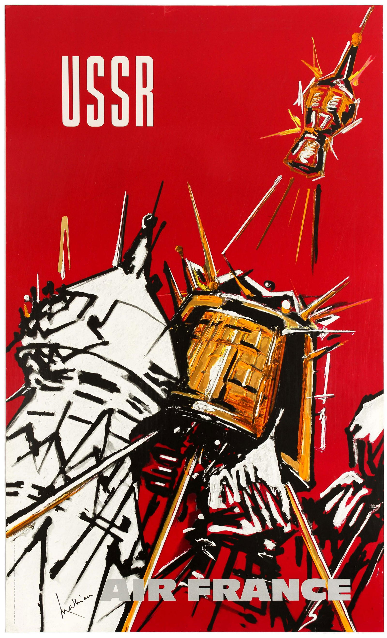 Travel Poster Air France Airline USSR Georges Mathieu: Original vintage travel poster for the Soviet Union / USSR issued by Air France - Great abstract design by Georges Mathieu (1921-2012) a French abstract painter and art theorist. The image depicts Sov