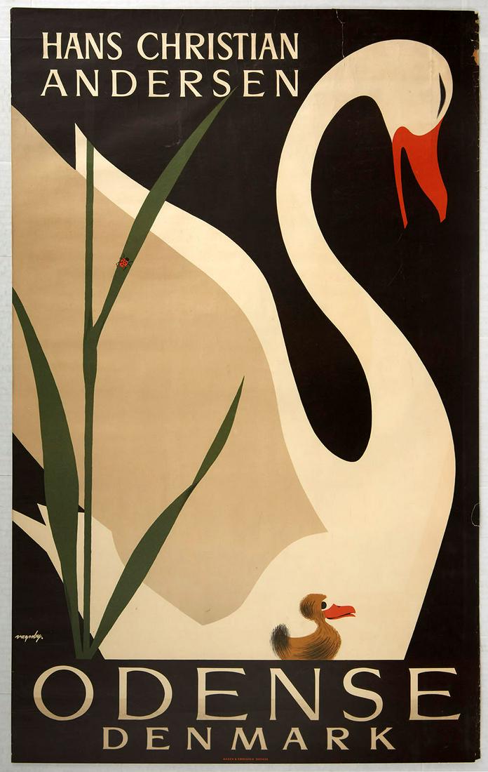 Travel Poster Hans Christian Andersen Odense Denmark: Original vintage travel advertising poster for Odense, Denmark, referencing the well known children's story The Ugly Duckling, first published in 1943 by Danish author Hans Christian Andersen. The sto