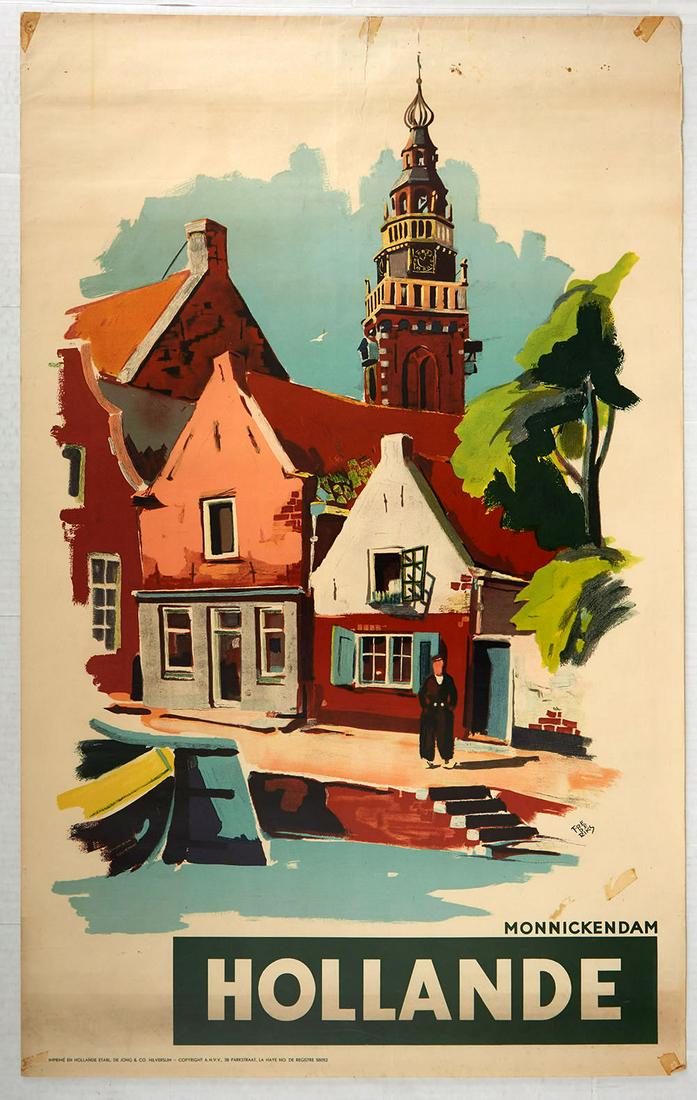 Travel Poster Monnickendam Holland: Original Dutch travel advertising poster for Holland. It features an artwork of Monnickendam, in the Dutch province of North Holland. It is a part of the municipality of Waterland, and lies on the coa
