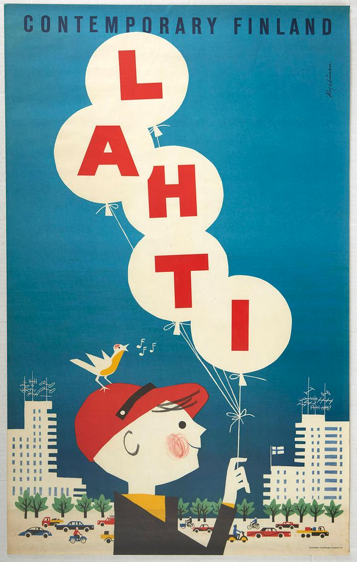 Travel Poster Contemporary Finland Lahti: Original vintage travel advertising poster for Lahti, a city and municipality situated on a bay at the southern end of lake VesijÃ¤rvi about 100 kilometres (60 mi) north-east of the capital Helsinki