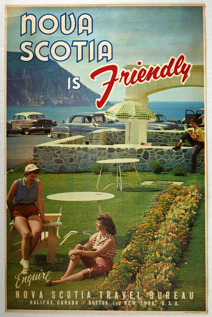 Travel Poster Nova Scotia Friendly Canada: Original vintage travel advertising poster for Nova Scotia, Canada, and published by the Nova Scotia Travel Bureau. Nova Scotia is a province in Eastern Canada, with Halifax being its capital and larg