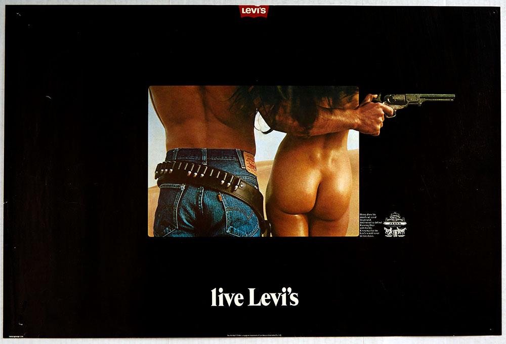 Travel Poster Live Levi's The Pocket Tab Sweden 1970s: Original vintage advertising poster for Levi's Jeans. This very rare poster features a cropped photograph showing a cowboy in blue Levi's Jeans seen from the back with his arm around the waist of a na