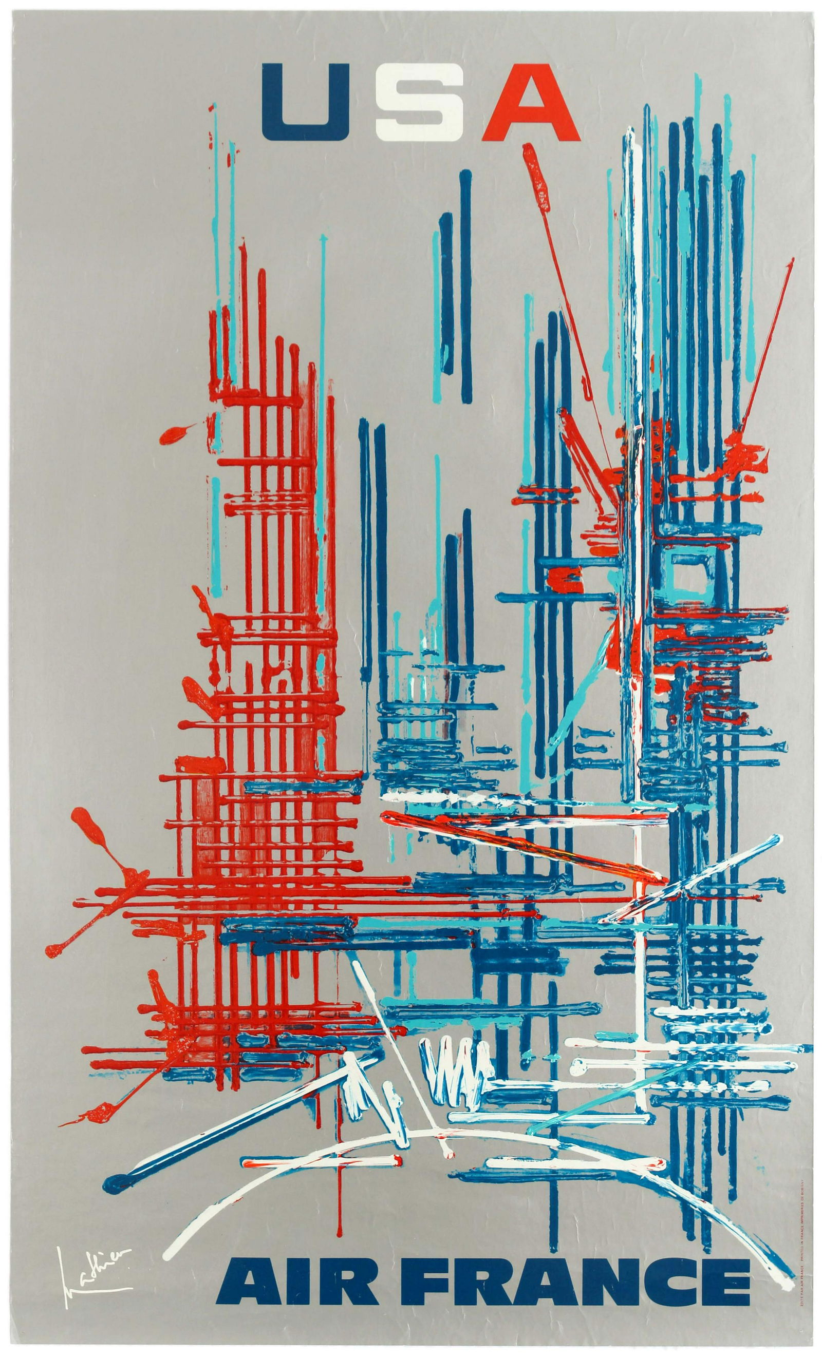 Travel Poster USA Air France Airline Georges Mathieu: Original vintage travel poster for the United States of America / USA issued by Air France - Great abstract design by Georges Mathieu (1921-2012) a French abstract painter and art theorist. He is cons