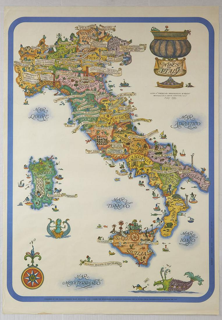 Travel Poster Wines of Italy Illustrated Map Wine: Original vintage travel advertising poster: Wine of Italy. Published by the Italian Foreign Trade Insitute, this poster features a wonderful map of Italy listing and locating all of the Italian wines 
