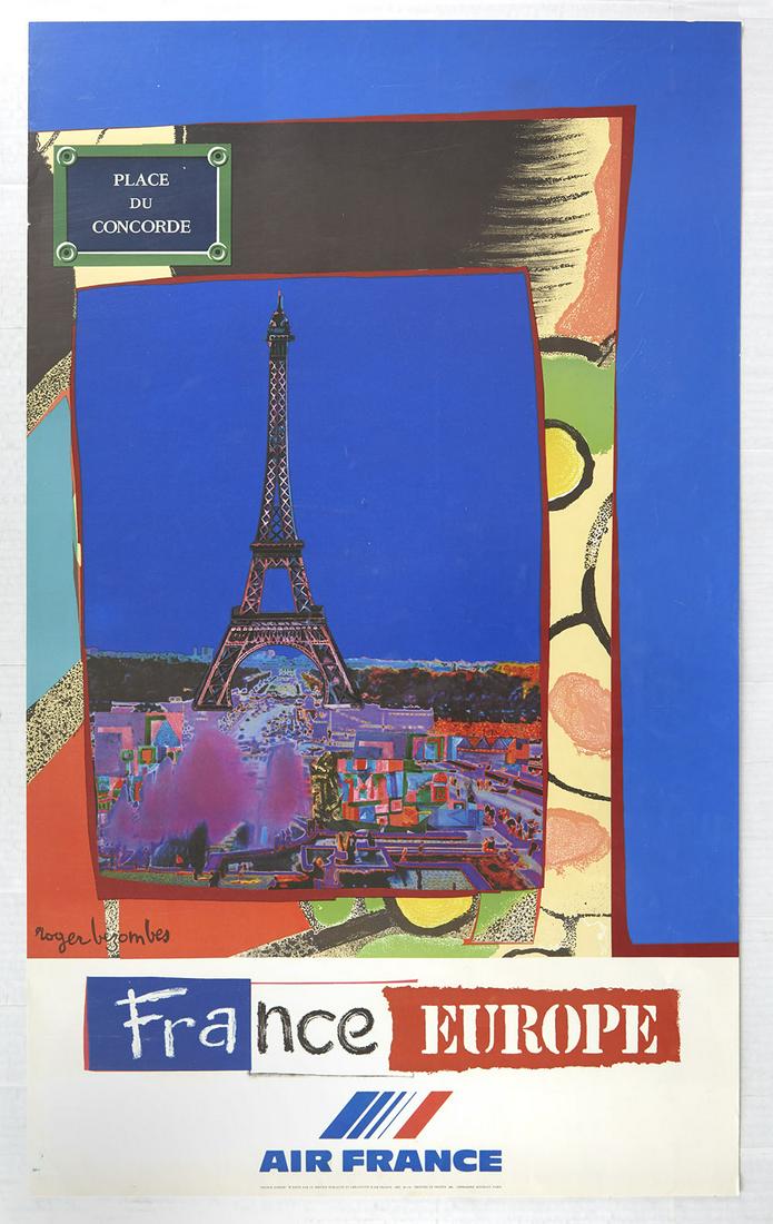 Travel Poster Air France Airline Place de la Concorde: Original vintage travel poster Place de la Concorde in France / Europe issued by Air France - Great colourful artwork by notable French artist Roger Bezombes (1913-1994) features a mixed media collage