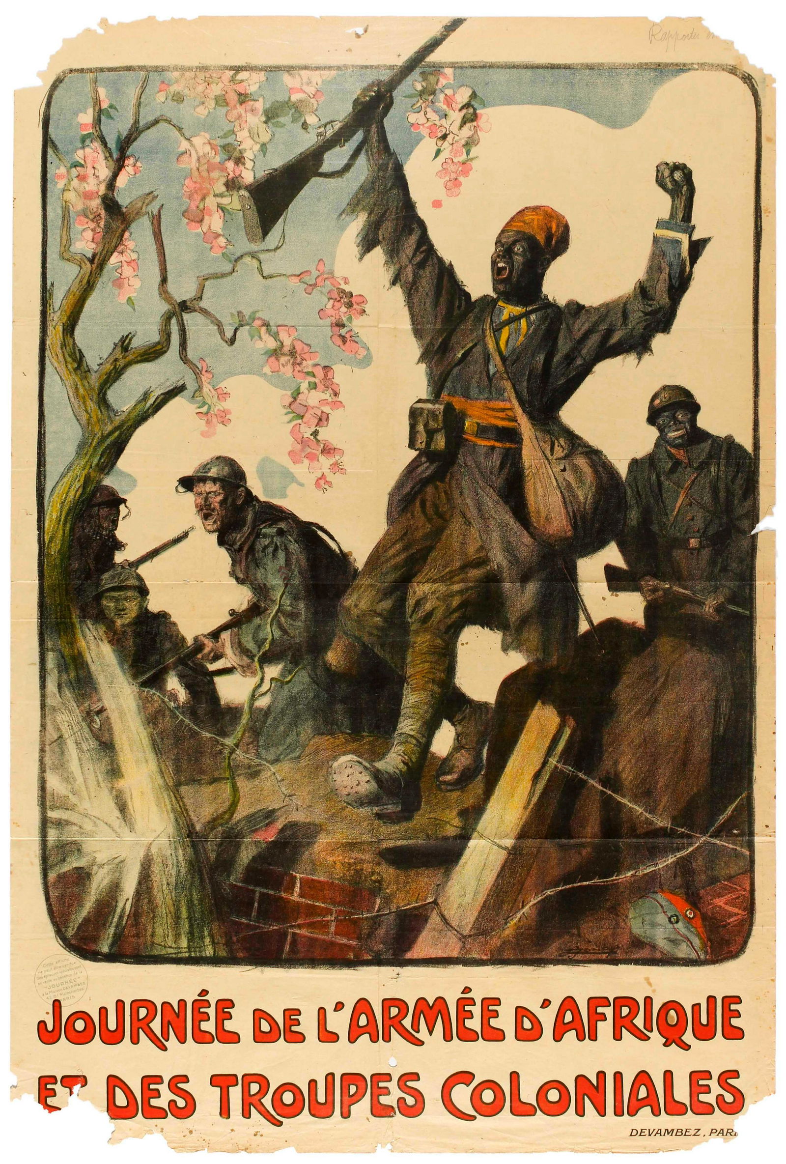 War Poster African Army Colonial Troops Day France: Original vintage WWI propaganda poster showing published to celebrates the participation of troops from the French colonies and overseas territories during the first world war: Day for the African Arm