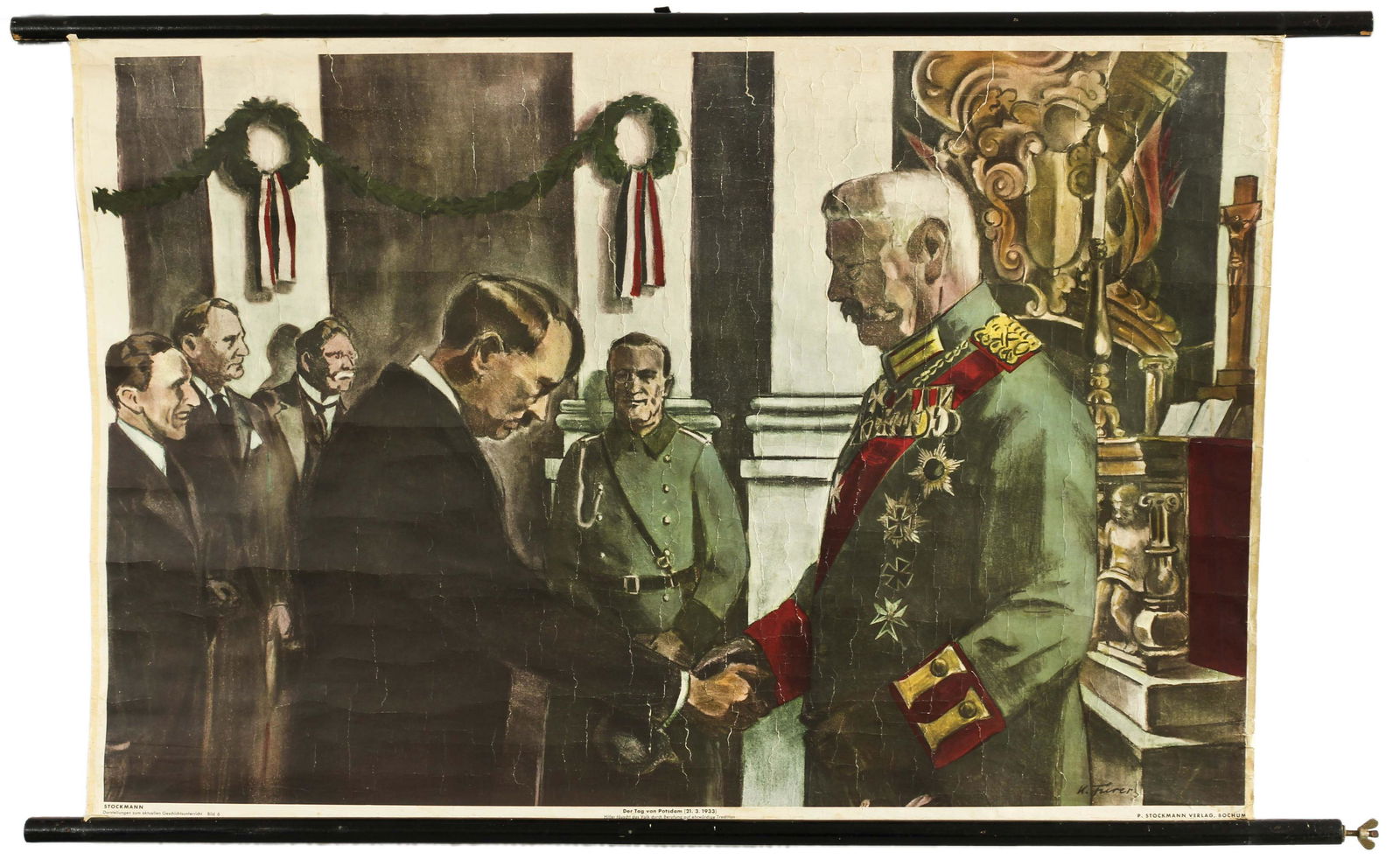 Propaganda Poster Hitler Hindenburg Potsdam Day 1933: Original vintage school mural Nazi propaganda poster entitled The Day of Potsdam (Der Tag von Potsdam). It shows the Reich President Paul von Hindenburg and the new Reich Chancellor Adolf Hitler havin