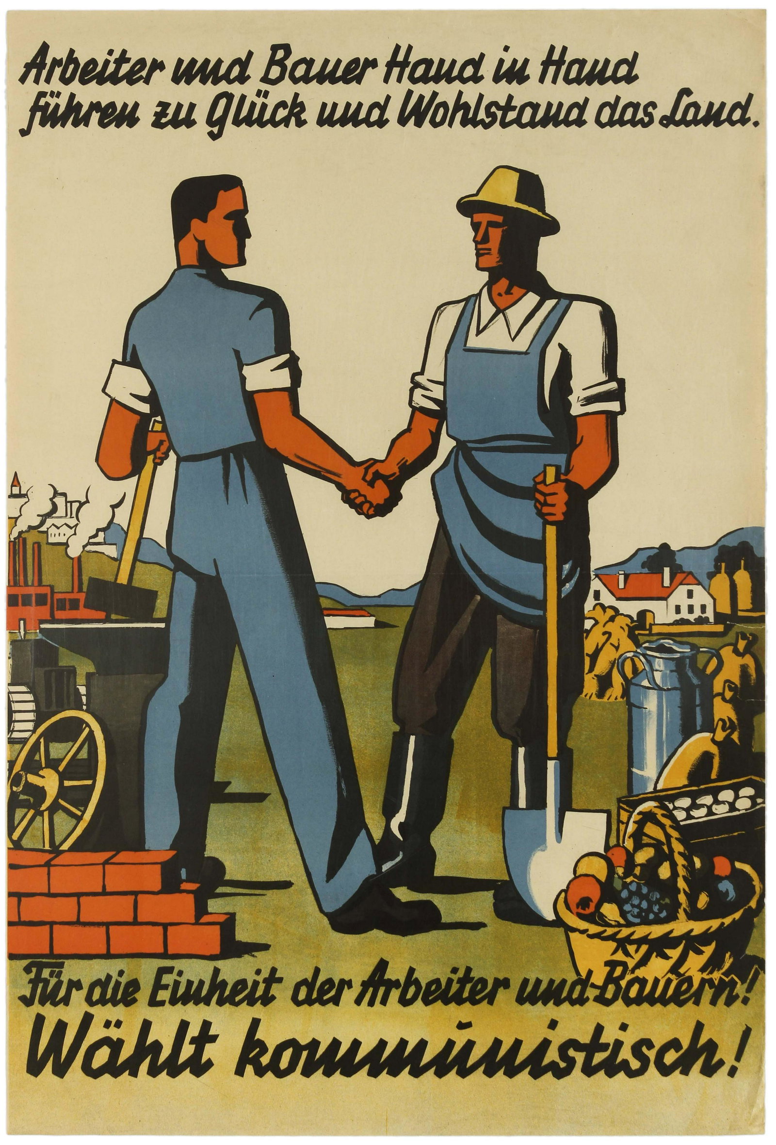 Propaganda Poster Worker Peasant Unity Vote Communist: Original vintage Austrian propaganda poster published to promote the Communist vote. Colourful image showing a worker and a farmer shaking hands with the text reading: Worker and farmer hand in hand. 
