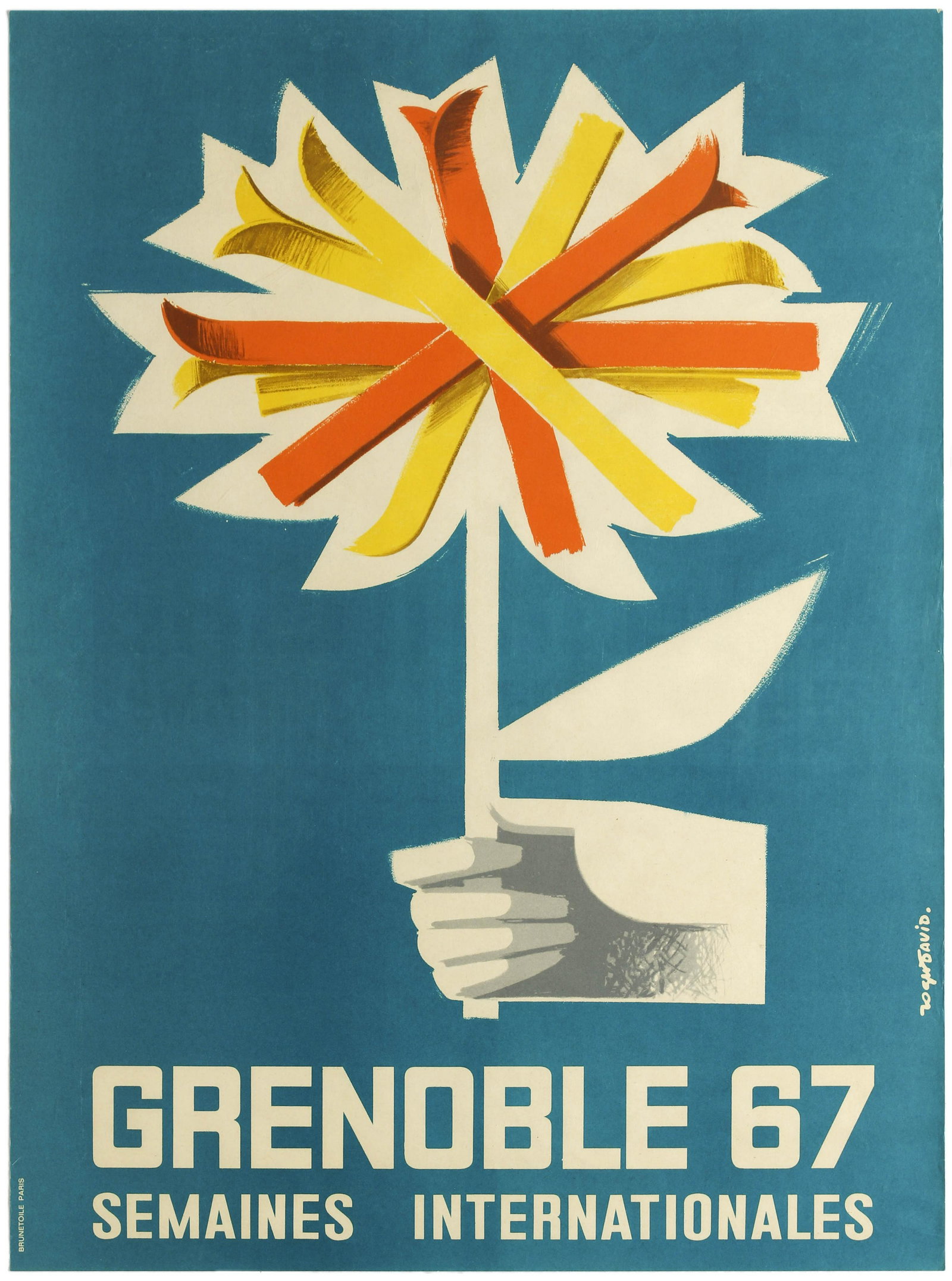 Sport Poster Grenoble International Ski Week Olympics: Original vintage event advertising poster for Grenoble in 1967. Roger Davidâ€™s simple and striking design depicts a hand holding a flower composed of skis: the city of Grenobleâ€™s emblem t