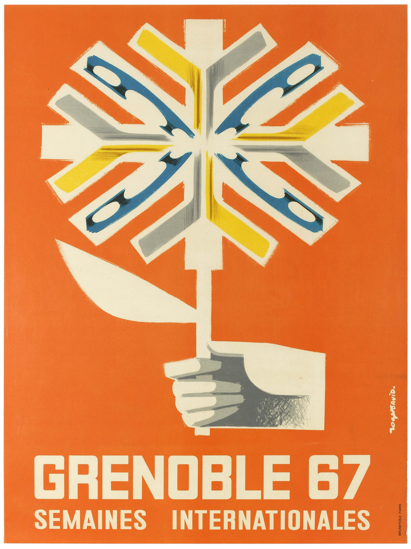 Sport Poster Grenoble International Ski Week Olympics: Original vintage event advertising poster for Grenoble in 1967. Roger Davidâ€™s simple and striking design depicts a hand holding a flower composed of skis: the city of Grenobleâ€™s emblem t
