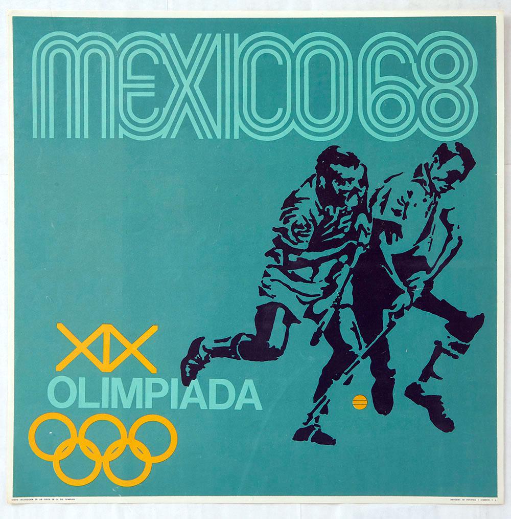 Sport Poster Mexico 1968 Olympics Hockey Olimpiada: Original vintage sport poster for the 1968 Summer Olympics in Mexico. This poster published to promote the Hockey Olympic Tournament, features a stylised design by renowned American graphic designer L