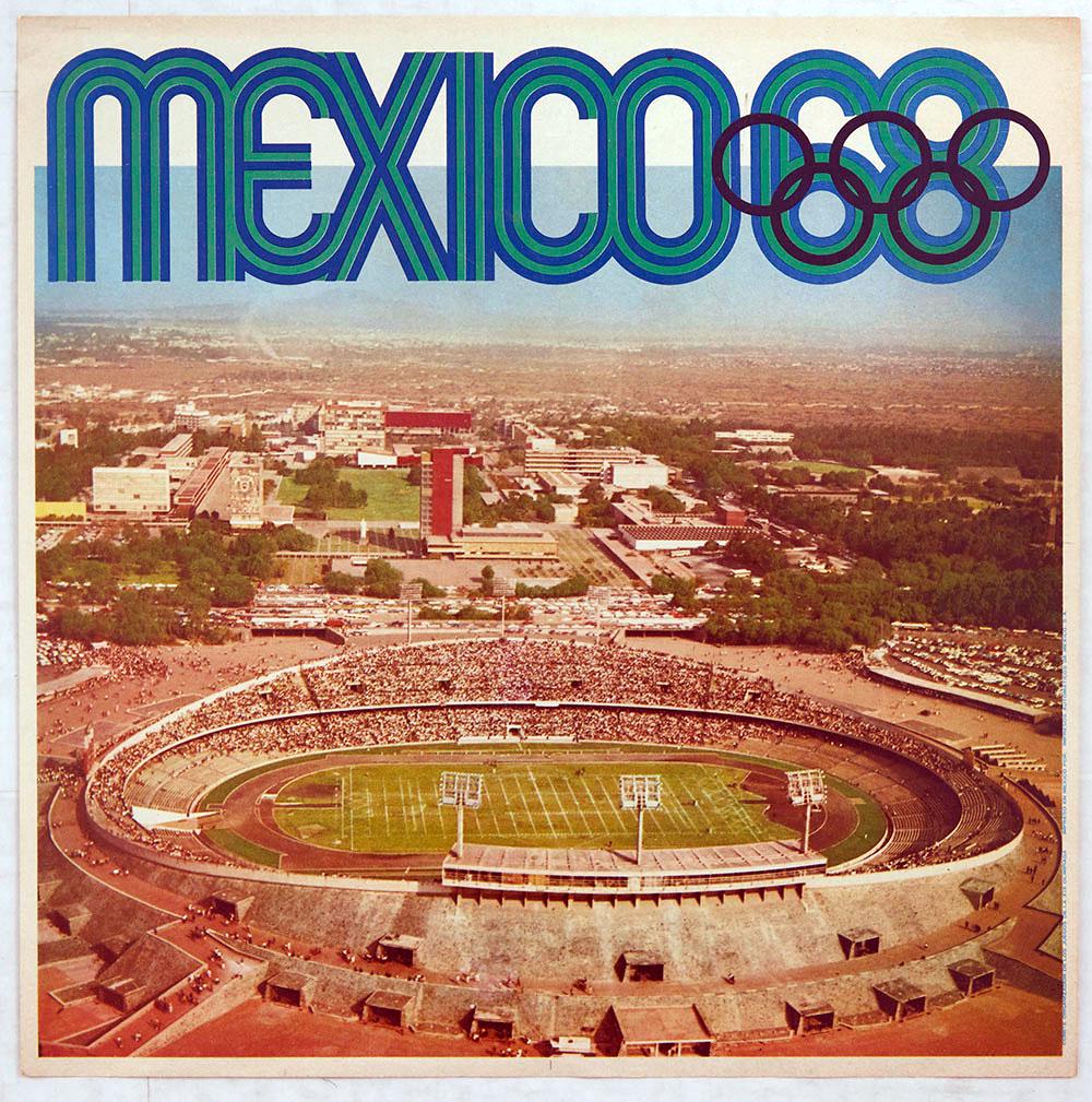 Sport Poster Mexico 1968 Olympics Stadium Olimpiada XIX: Original vintage sport poster for the 1968 Summer Olympics in Mexico. This poster features a colour photograph of the Olympic stadium (Estadio OlÃ­mpico Universitario) which was orginally built in 1