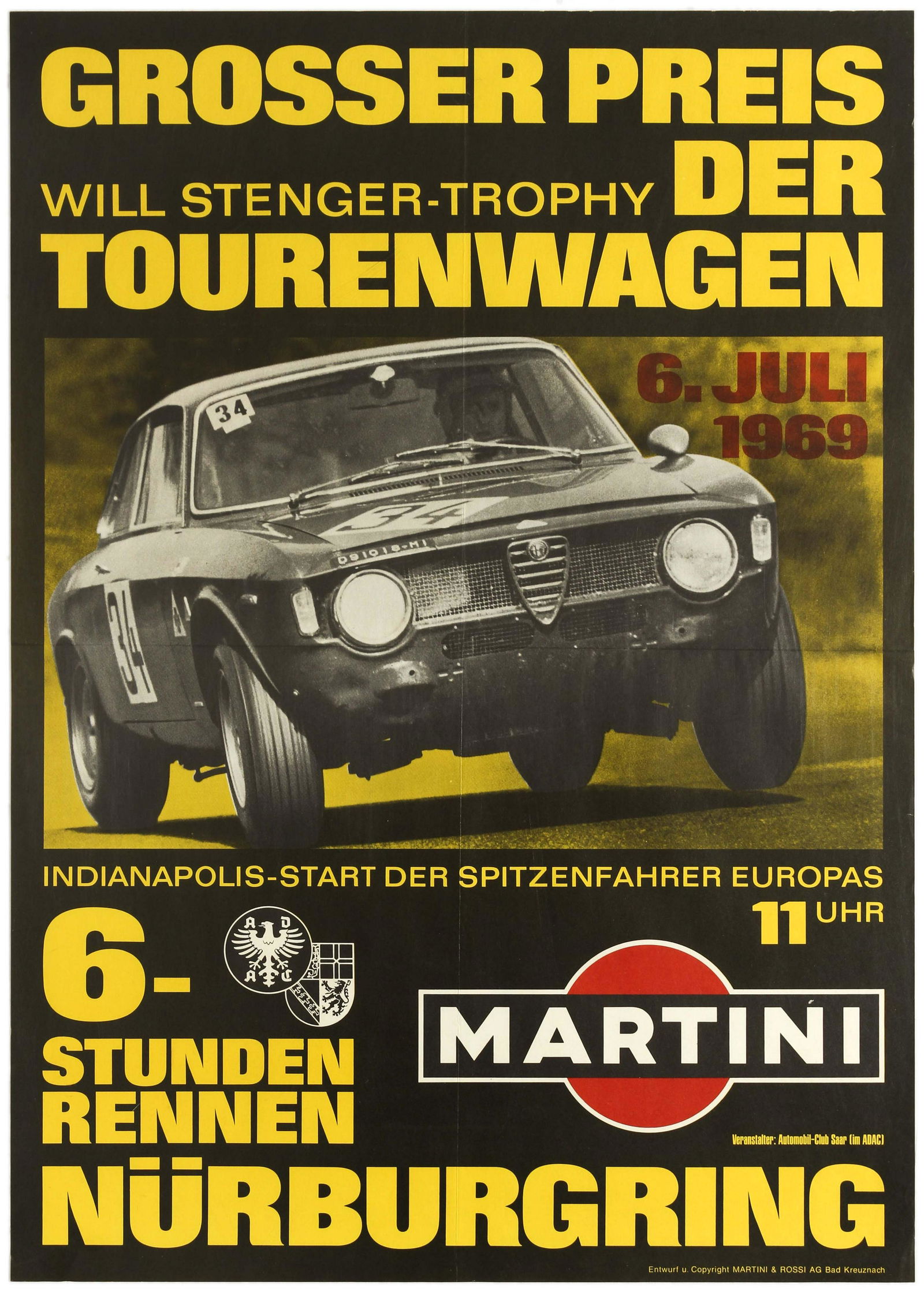 Sport Poster Nurburgring Alfa Romeo Giulia Will Stenger: Original vintage motorsport advertising poster for the 1969 European Touring Car Championship at the Nurburgring racing track, Germany. Nurburgring, a motorsports complex located in the town of NÃ¼r