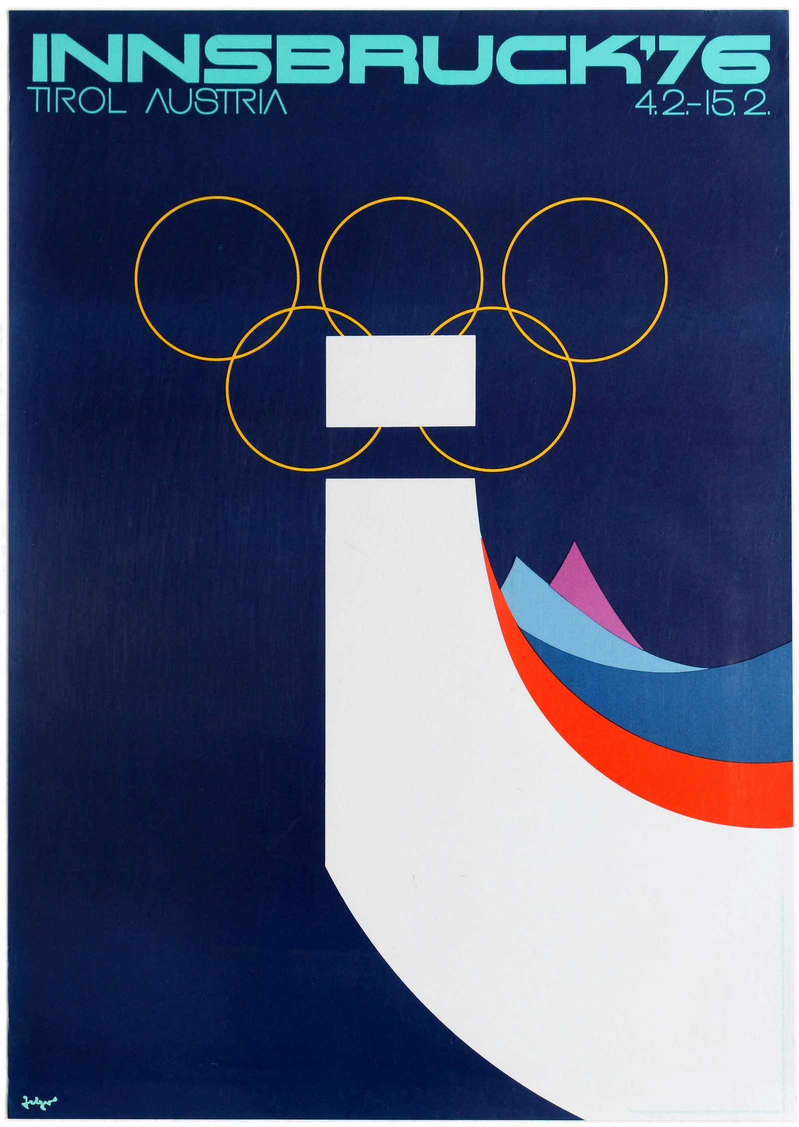Sport Poster Innsbruck Tirol Austria Skiing Winter: Original vintage sport poster for the Innsbruck Olympic Winter Games 1976 held in Tirol, Austria. Great design by Arthur Zelger showing a large white figure in the centre that could be interpreted as 