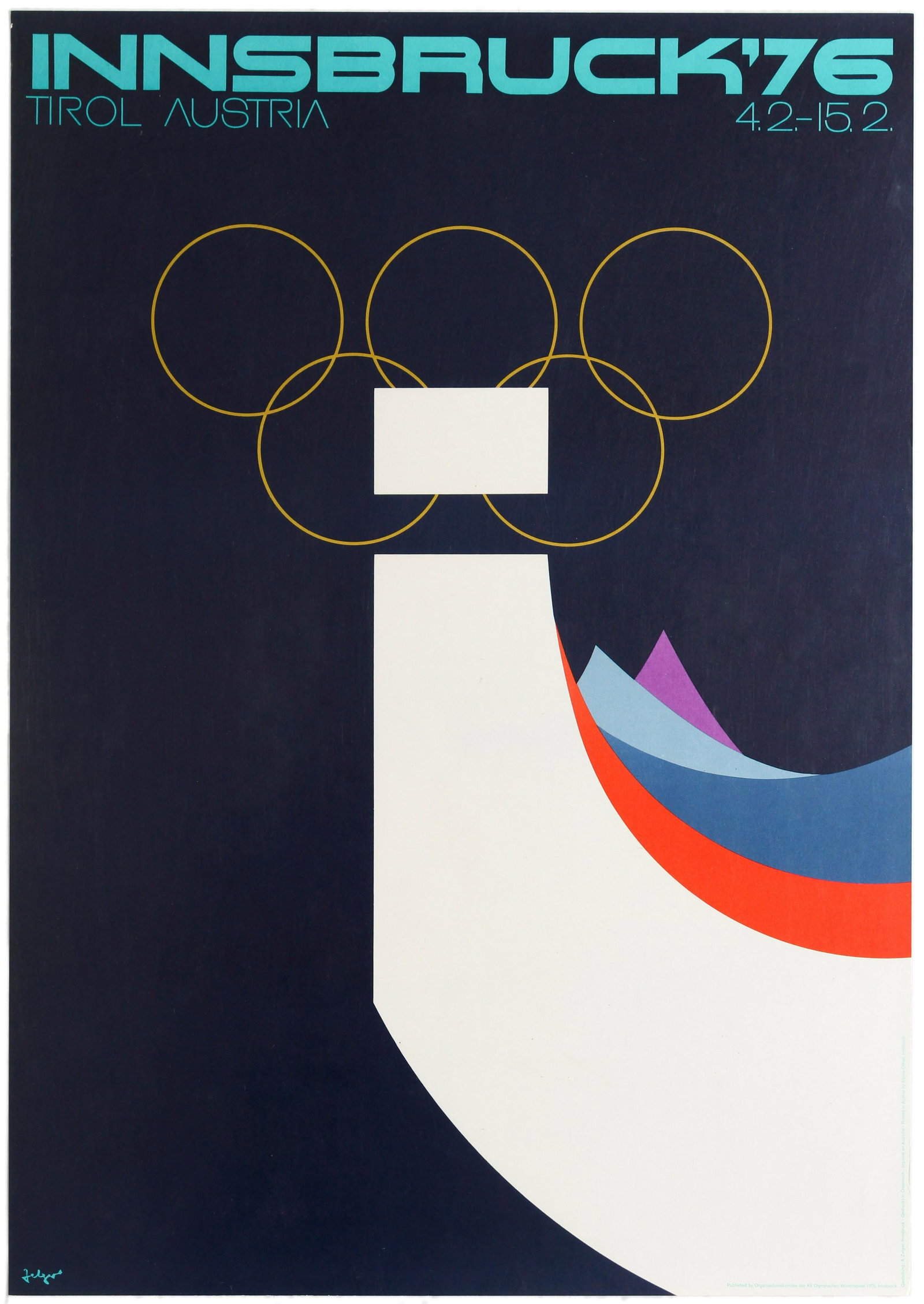 Sport Poster Innsbruck Tirol Austria Winter Olympics: Original vintage sport poster for the Innsbruck Olympic Winter Games 1976 held in Tirol, Austria. Great design by Arthur Zelger showing a large white figure in the centre that could be interpreted as 
