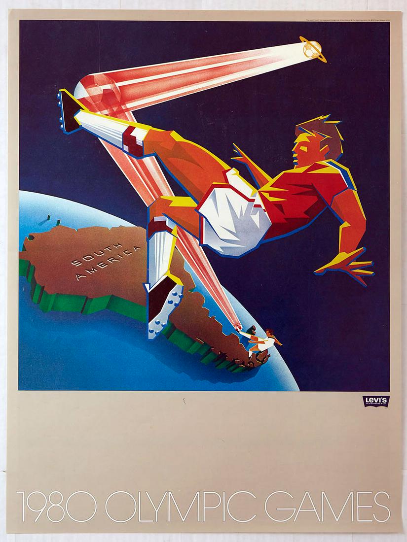 Sport Poster Levi's Moscow 1980 Olympics South America: Original vintage sport poster published by Levi Strauss for the 1980 Moscow Summer Olympic Games featuring a dynamic artwork depicting a football player volleying the ball into orbit with the globe be