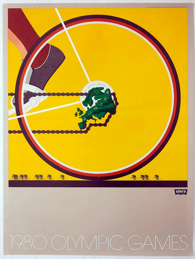Sport Poster Levi's Moscow 1980 Olympics Europe Cyclist: Original vintage sport poster published by Levi Strauss for the 1980 Moscow Summer Olympic Games featuring a fantastic artwork by Nicolas Sidjakov showing a close-up of the rear wheel of a rider with
