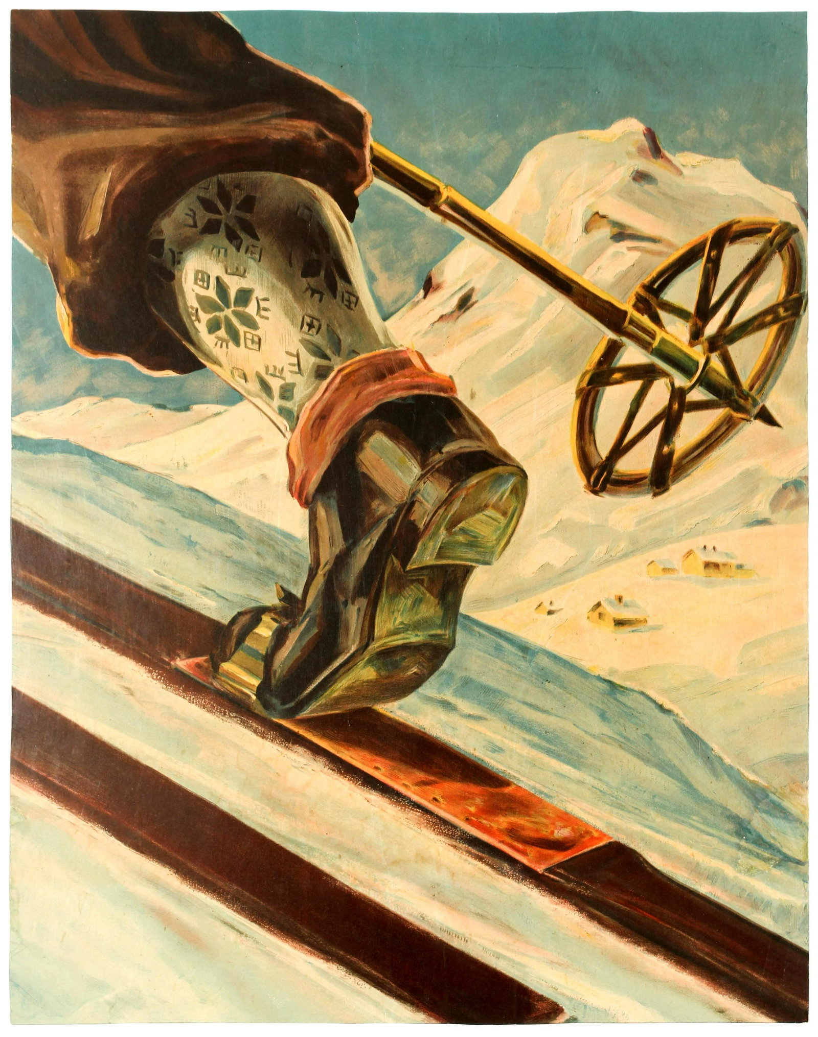 Sport Poster Ski Boot Norway Skiing Dagfin Hanssen: Original vintage lithograph ski poster promoting Norway as the destination for Winter Sports. This poster is missing a text box that usually says - Norway, home of skiing. Great image of a skier's leg