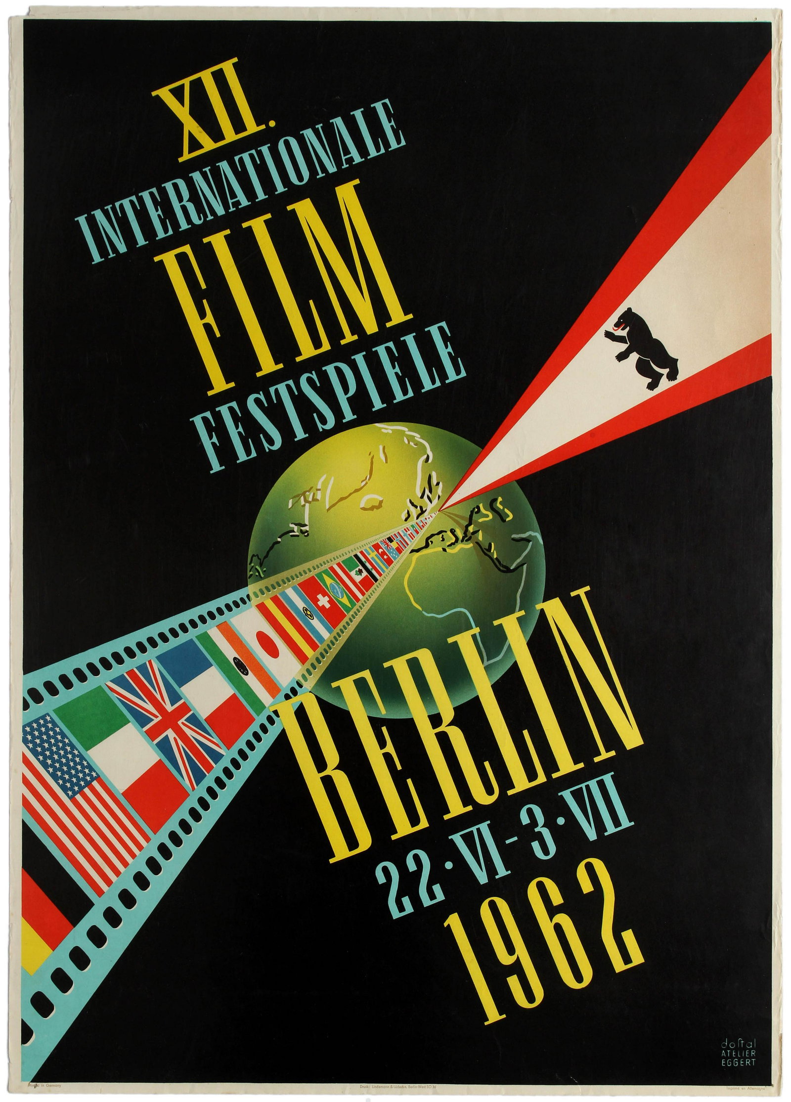 Movie Poster Berlin Film Festival 1962: Original vintage advertsing poster for the XII Berlin International Film Festival held between 22 June and 3 July 1962 (XII Internationale Film Festspiele). Great design by Atelier Doftal Eggert showi