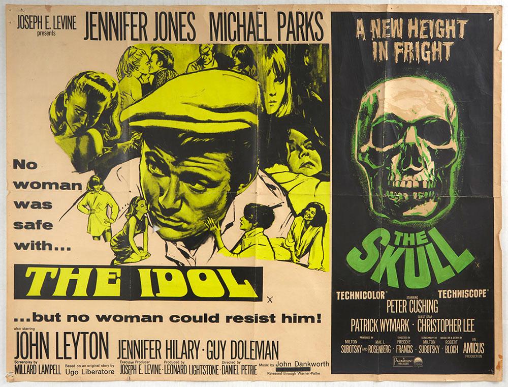 Movie Poster The Idol The Skull Double Feature Horror: Original vintage movie advertising poster of a double feature with the films The Idol, 1966 and The Skull, 1965. The Idol is a British drama film directed by Daniel Petrie and starring Jennifer Jones,