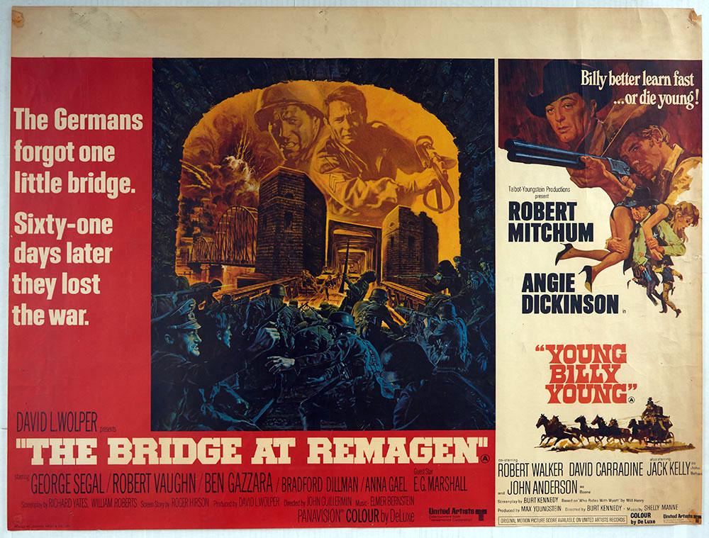 Movie Poster The Bridge at Remargen Billy Young UK Quad: Original vintage movie advertising poster of a double bill feature with the films "The Bridge at Remargen", 1969 and "Young Billy Young", 1969. "The Bridge at Remagen" is a DeLuxe Color war film starr
