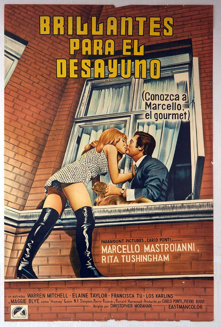 Movie Poster Diamonds for Breakfast Mastroianni Spain: Original vintage Spanish movie poster for the 1968 British comedy film Diamonds For Breakfast (Brillantes Para el Desayuno) directed by Christopher Morahanand starring Marcello Mastroianni, Rita Tushi