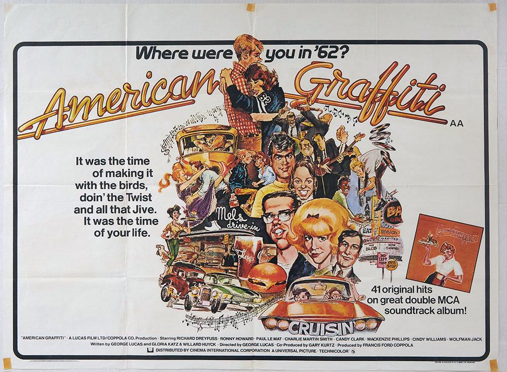 Movie Poster American Graffiti UK Quad Mort Drucker: Original vintage UK Quad movie poster for the 1973 American coming-of-age comedy film American Grafitti - â€œWhere were you in â€™62?”. Directed and co-written by George Lucas and produ