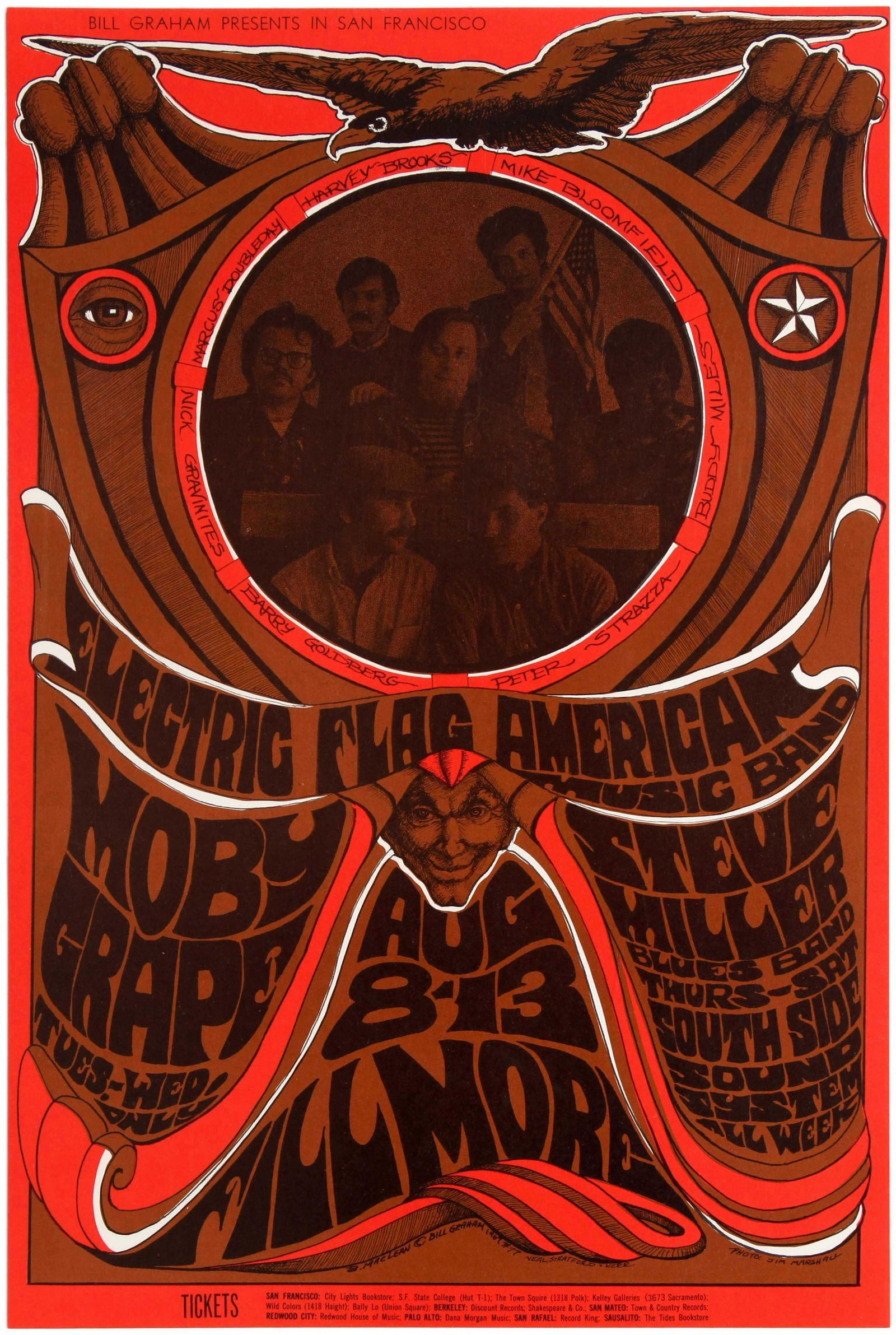 Rock Concert Poster Steve Miller Band Fillmore Electric: Original vintage music advertising poster for a concert event presented by Bill Graham at the Fillmore Auditorium in San Francisco in August 1967, with Electric Flag, Moby Grape, Steve Miller Band. Ar