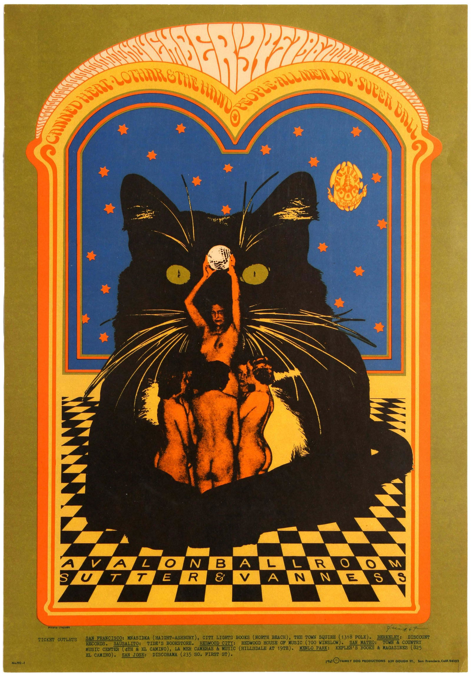 Rock Concert Poster Canned Heat Avalon Ballroom Black: Original vintage music advertising poster for a concert by Canned Heat at the Avalon Ballroom in 1967 with supporting acts including Lothar and the Hand People, Allmen Joy, Super Ball. The event was o
