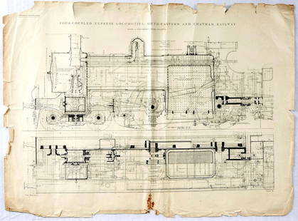 Antique Print Set The Engineer Steam Locomotive Train: Set of 3 original antique magazine insert fold out prints/posters from The Engineer magazine featuring detailed annotated diagrams of locomotive trains. a. Four-Coupled Express Locomotive, South