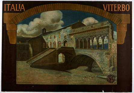 Original Travel Poster Viterbo Italy Italian Railways: Original antique travel poster for Viterbo Italia featuring the historic 13th century Palace of the Popes / Palazzo dei Papi viewed through a stone archway with the stylised title text above. The
