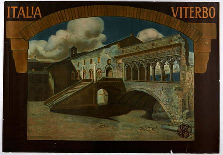 Original Travel Poster Viterbo Italy Italian Railways: Original antique travel poster for Viterbo Italia featuring the historic 13th century Palace of the Popes / Palazzo dei Papi viewed through a stone archway with the stylised title text above. The