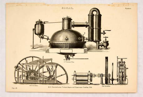 Set Original Antique Prints Steam Engine Diagrams: Set of 5 original antique book inserts featuring detailed annotated illustrations on steam engines - a. Steam Vessel Triple Expansive Marine Engine, Excellent condition, folded as issued. Country: UK