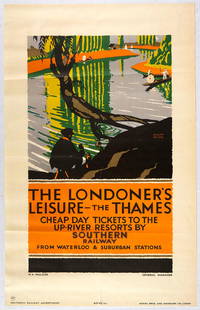 Original Travel Poster London Leisure Thames Southern: Original vintage travel advertising poster for Southern Railway: The Londoner's Leisure - the Thames cheap day tickets to the up-river resorts by Southern Railway from Waterloo and suburban stations.