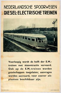 Original Travel Poster Dutch Railways Diesel Electric: Original vintage Dutch Railways poster - Nederlandsche Spoorwegen Diesel-Electrische Treinen / Dutch Railways Diesel Electric Train - featuring a black and white photograph of a three carriage Materie