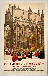 Original Travel Poster Belgium via Harwich Bruges LNER: Original vintage travel poster for Belgium via Harwich issued by London and North Eastern Railway LNER - Great artwork by Fred Taylor (1881 - 1881) show the beauty and splendour of Bruges impressive