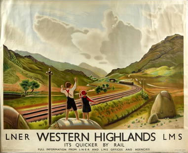 Original Travel Poster Western Highlands LNER LMS: Original vintage travel poster for Western Highlands in Scotland - It's Quicker by Rail - Issued by LNER and LMS / London and North Eastern Railway and London Midland & Scottish Railway. Great