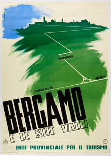 Original Travel Poster Bergamo ENIT Italy Railways: Original vintage travel poster for Bergamo and its Valleys issued by ENITprovincial body of tourism. Great Modernist design depicts a green city skyline with a map route marked with Milano,