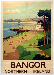 Original Travel Poster Bangor Northern Ireland British: Original vintage travel poster for Bangor in Northern Ireland Issued by British Railways - Great design by Frank Sherwin features a seaside promenade busy with tourists next to a grassy hill with