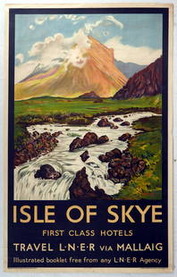 Original Travel Poster Isle of Skye LNER: Original vintage travel poster for the Isle of Skye issued by LNER / London and North Eastern Railway - Great artwork by Schabelsky features a rocky stream in a green field leading into a waterfall,