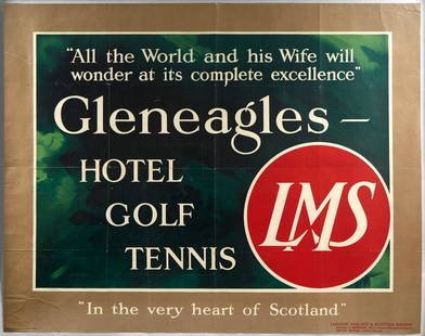 Original Travel Poster Gleneagles Hotel Golf Tennis: Original vintage travel poster advertising Gleneagles Hotel issued by LMS London Midland and Scottish Railway - Great design features white stylised lettering on a green background - All the World