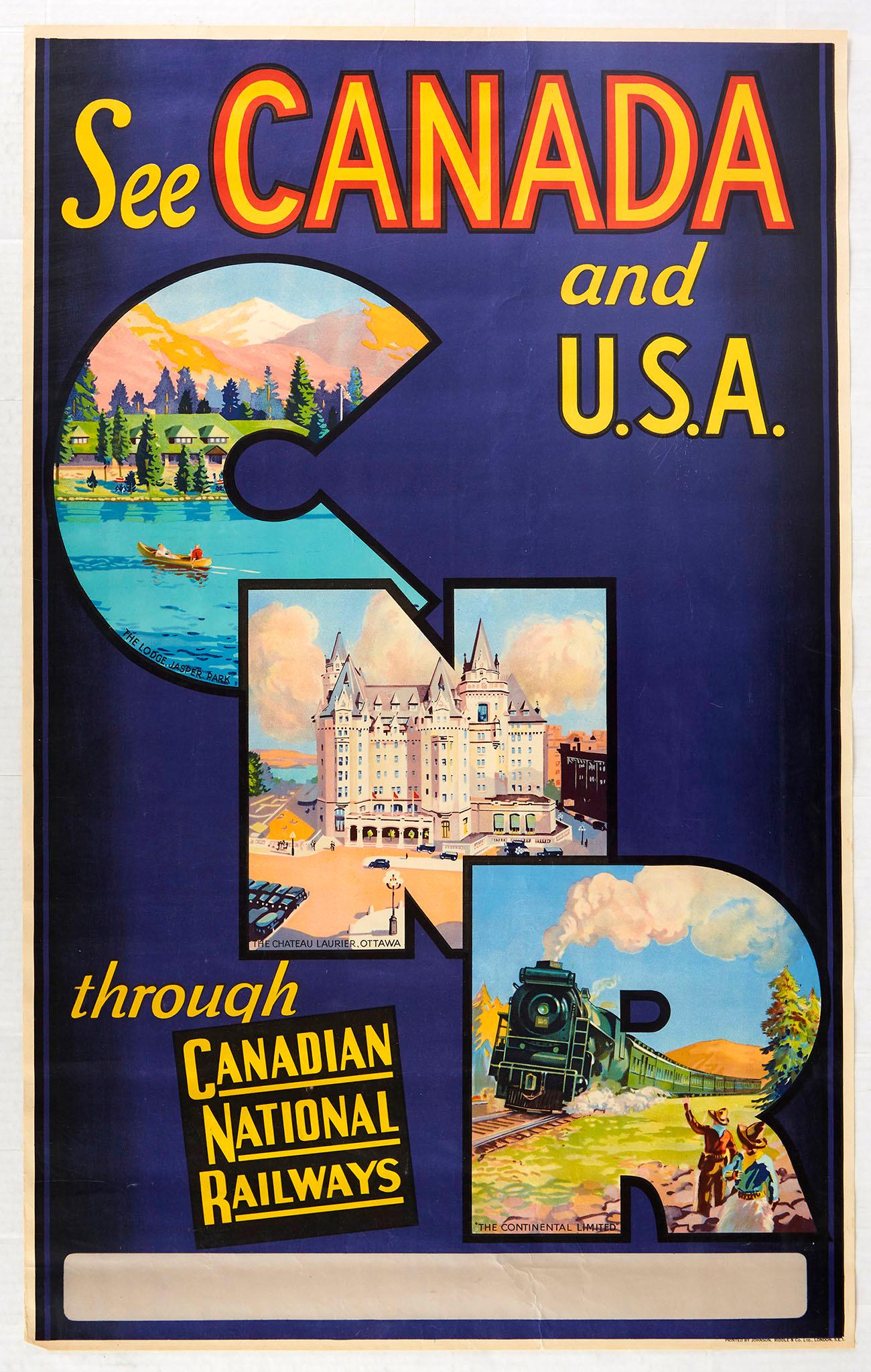 Original Travel Poster Canada USA CNR Canadian: Original vintage travel poster - See Canada and USA through Canadian National Railways CNR - featuring picturesque illustrations in each letter of CNR including people on a rowing boat on the lake by 