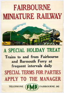 Original Advertising Poster Fairbourne Miniature: Original vintage advertising poster promoting trips to the Fairbourne Minature Railway. Great image of steam locomotive standing on the train turntable.The Fairbourne Railway is a 12 1/4 inch (311