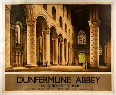 Original Travel Poster Dunfermline Abbey LNER Railway: Original vintage travel poster issued by the London and North Eastern Railway to promote travel to Dunfermline Abbey in Scotland It's Quicker by Rail. Image of the inside of the abbey with two