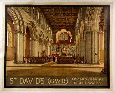 Original Travel Poster St David: Original vintage travel poster issued by the Great Western Railway to promote travel to Pembrokeshire in South Wales. Image of the inside of St Davids cathedral. The Great Western Railway (GWR) was